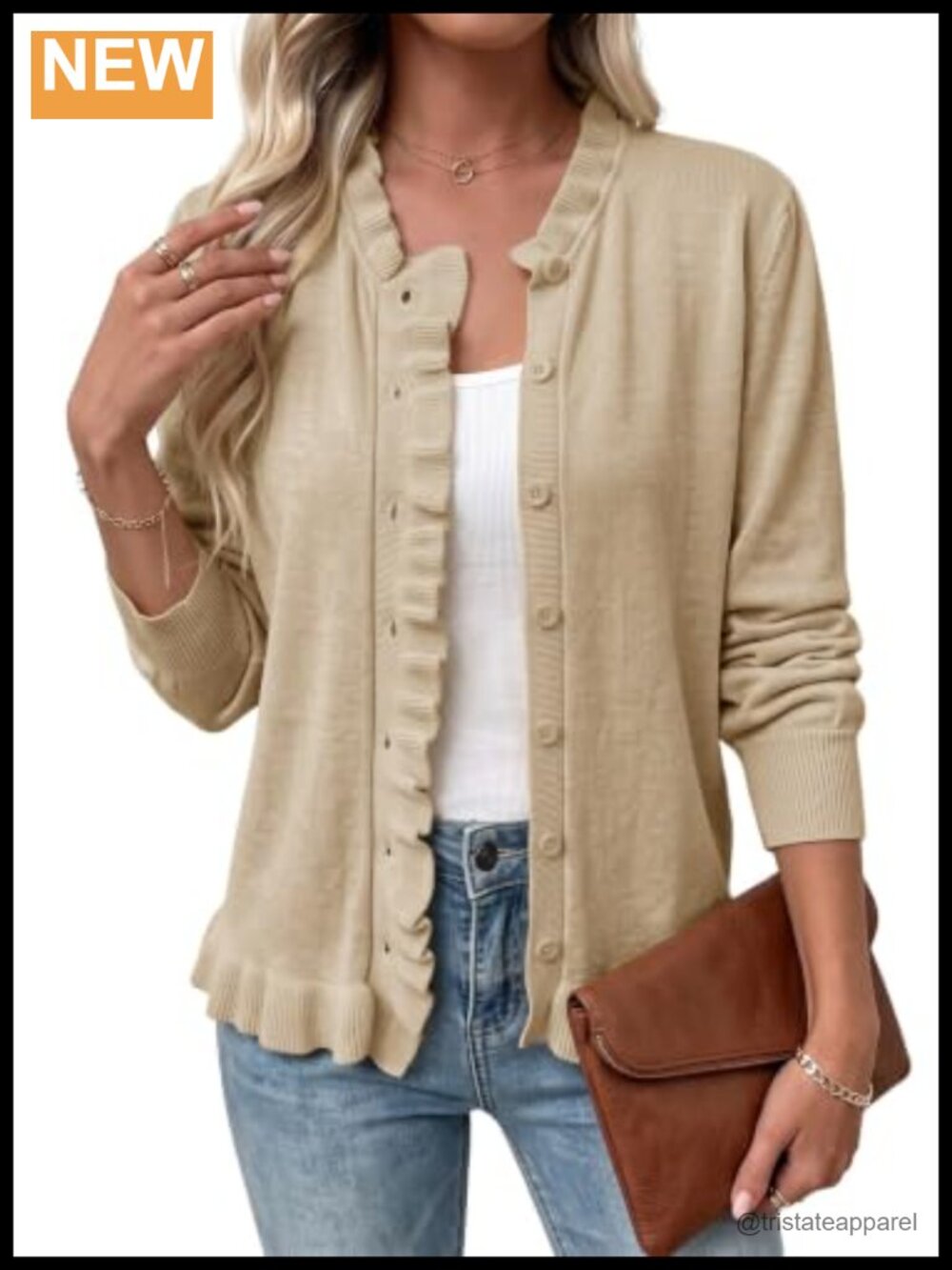 Women's Knit Cardigan Sweater Elegant Ruffle Trim Button-Front